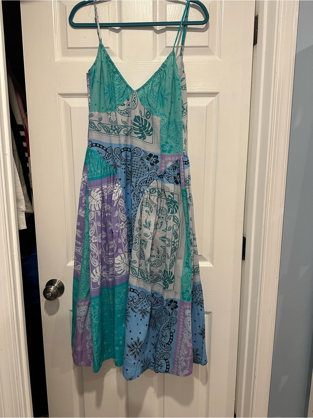 Free People Bohemian Patchwork Midi Dress - Teal, Lavender, Sky Blue